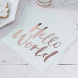 Baby Shower Servietter Mint/Rosaguld Hello World 16,5 x 16,5 cm