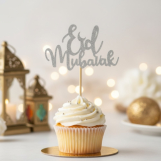 Eid Mubarak Kagetoppe Sølv Papir med hvid pind