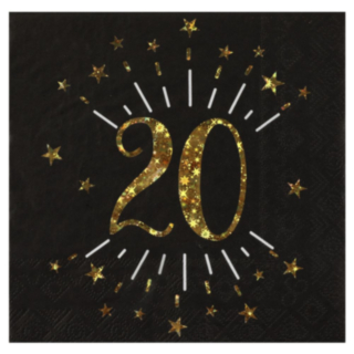 20 Års Servietter Glitter Guld/Sort