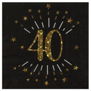 40 Års Glitter Servietter Guld/Sort
