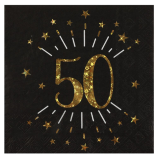 50 Års Glitter Servietter Guld/Sort