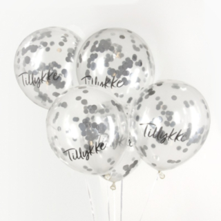 Tillykke Konfetti Balloner Sølv