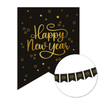 Happy New Year Vimpelbanner Sort/Guld