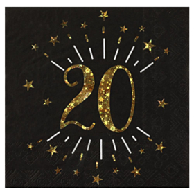 20 Års Servietter Glitter Guld/Sort