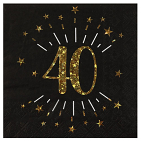 40 Års Glitter Servietter Guld/Sort