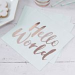 Baby Shower Servietter Mint/Rosaguld Hello World 16,5 x 16,5 cm