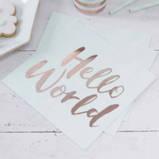 Baby Shower Servietter Mint/Rosaguld Hello World 16,5 x 16,5 cm