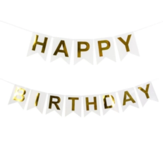Happy Birthday Flagguirlande Guld/Hvid