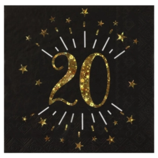 20 Års Servietter Glitter Guld/Sort