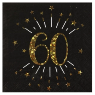60 Års Servietter Glitter Guld/Sort