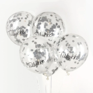 Tillykke Konfetti Balloner Sølv