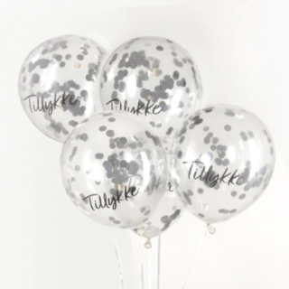Tillykke Konfetti Balloner Sølv